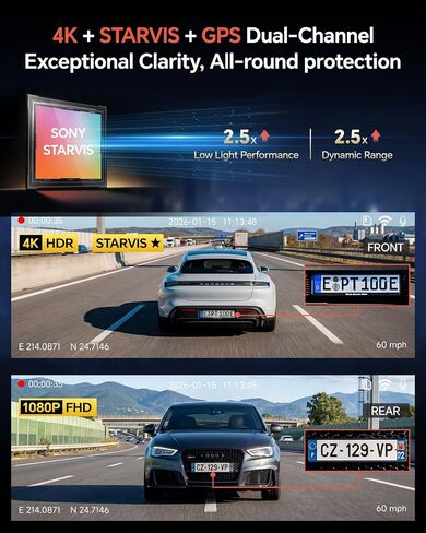 COOLCRAZY Dash Cam Front Rear - 4K STARVIS Sensor Dashcam,Free 64GB Card, Built-in 5G WiFi/GPS, Dual Dash Camera for Cars with 3" IPS Screen,HDR/WDR Night Vision, App Control, 24H Parking Mode in Saudi Arabia