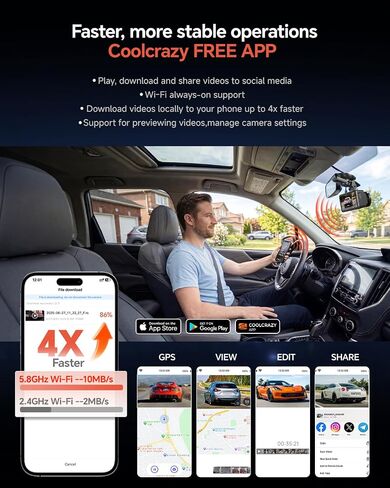 COOLCRAZY Dash Cam Front Rear - 4K STARVIS Sensor Dashcam,Free 64GB Card, Built-in 5G WiFi/GPS, Dual Dash Camera for Cars with 3" IPS Screen,HDR/WDR Night Vision, App Control, 24H Parking Mode in Saudi Arabia