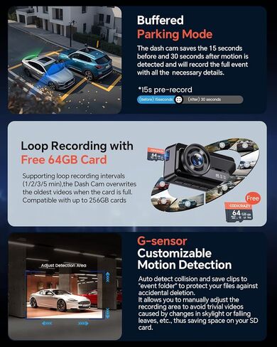 COOLCRAZY Dash Cam Front Rear - 4K STARVIS Sensor Dashcam,Free 64GB Card, Built-in 5G WiFi/GPS, Dual Dash Camera for Cars with 3" IPS Screen,HDR/WDR Night Vision, App Control, 24H Parking Mode in Saudi Arabia