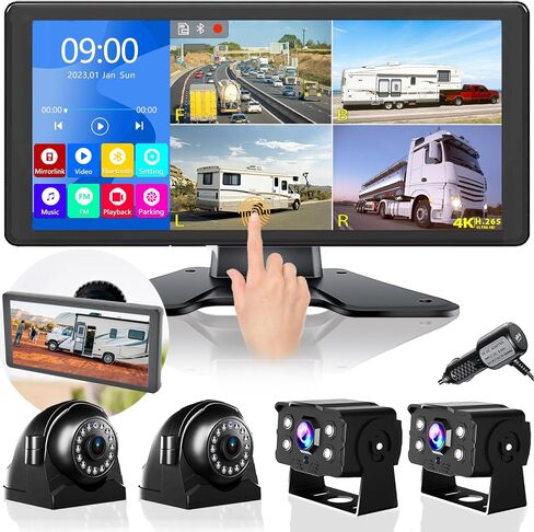 4K RV Backup Camera System 10.36" Quad Split Touch Screen Monitor with 4 1080P Rear Side View Camera, DVR Recording Bluetooth MP3 MP5 IP69 Waterproof Night Vision for RV Truck Trailer Tractor in Kuwait