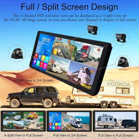 4K RV Backup Camera System 10.36" Quad Split Touch Screen Monitor with 4 1080P Rear Side View Camera, DVR Recording Bluetooth MP3 MP5 IP69 Waterproof Night Vision for RV Truck Trailer Tractor in Kuwait