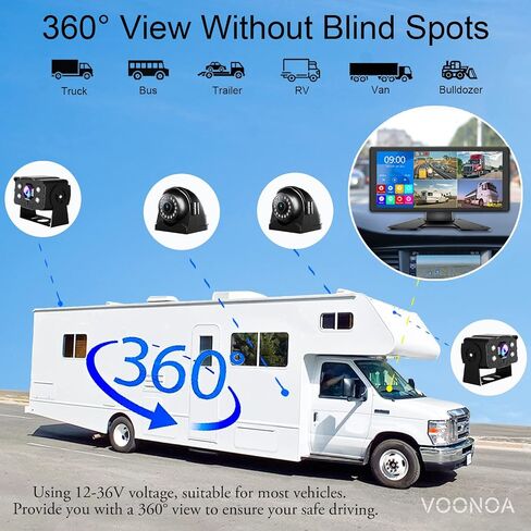 4K RV Backup Camera System 10.36" Quad Split Touch Screen Monitor with 4 1080P Rear Side View Camera, DVR Recording Bluetooth MP3 MP5 IP69 Waterproof Night Vision for RV Truck Trailer Tractor in Kuwait