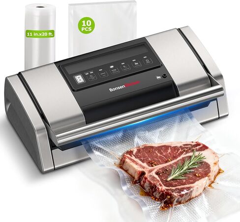 Bonsenkitchen Vacuum Sealer for Food, 5-in-1 Heavy Duty Performance | Built-in Cutter & Bag Storage for Sous Vide, Vacuum Sealer Machine Suitable for Dry & Moist Food Types, 1 Roll & 10 Bags in Saudi Arabia