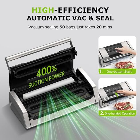 Bonsenkitchen Vacuum Sealer for Food, 5-in-1 Heavy Duty Performance | Built-in Cutter & Bag Storage for Sous Vide, Vacuum Sealer Machine Suitable for Dry & Moist Food Types, 1 Roll & 10 Bags in Saudi Arabia