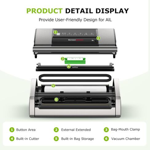 Bonsenkitchen Vacuum Sealer for Food, 5-in-1 Heavy Duty Performance | Built-in Cutter & Bag Storage for Sous Vide, Vacuum Sealer Machine Suitable for Dry & Moist Food Types, 1 Roll & 10 Bags in Saudi Arabia