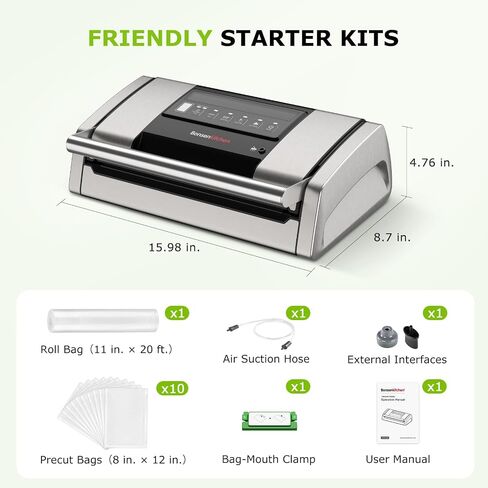 Bonsenkitchen Vacuum Sealer for Food, 5-in-1 Heavy Duty Performance | Built-in Cutter & Bag Storage for Sous Vide, Vacuum Sealer Machine Suitable for Dry & Moist Food Types, 1 Roll & 10 Bags in Saudi Arabia