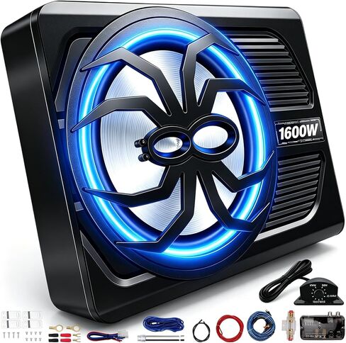 2026 Upgraded 1600W 10" Slim Under Seat Subwoofer with Built-in Amplifier | Powered Car Low Profile Bass Sub - Individual Controls (LPF/Gain/Bass Boost) LED Ambient Lights in Saudi Arabia
