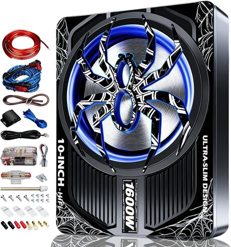 Upgraded 10 Inch 1600W Under Seat Subwoofer with Amp, Powered Slim Sub, Blue LED Ambient Light, (LPF/Gain/Bass Boost) Independent Bass Knob, Car Audio Subwoofer Package for Truck SUV Jeep MPV in Saudi Arabia