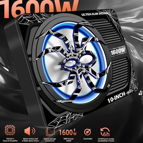 Upgraded 10 Inch 1600W Under Seat Subwoofer with Amp, Powered Slim Sub, Blue LED Ambient Light, (LPF/Gain/Bass Boost) Independent Bass Knob, Car Audio Subwoofer Package for Truck SUV Jeep MPV in Saudi Arabia