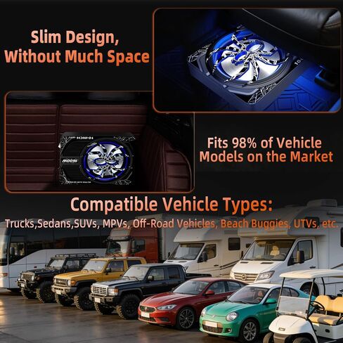 Upgraded 10 Inch 1600W Under Seat Subwoofer with Amp, Powered Slim Sub, Blue LED Ambient Light, (LPF/Gain/Bass Boost) Independent Bass Knob, Car Audio Subwoofer Package for Truck SUV Jeep MPV in Saudi Arabia