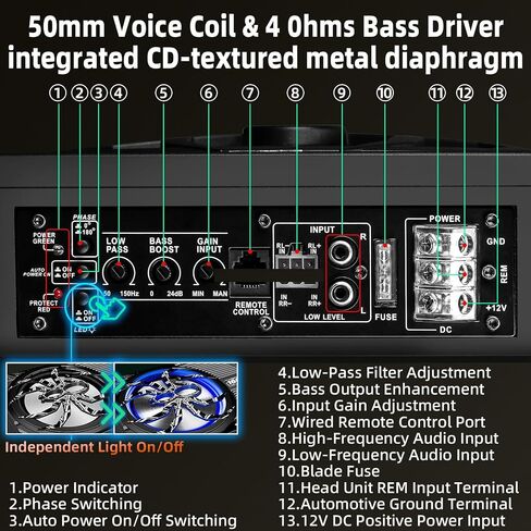 Upgraded 10 Inch 1600W Under Seat Subwoofer with Amp, Powered Slim Sub, Blue LED Ambient Light, (LPF/Gain/Bass Boost) Independent Bass Knob, Car Audio Subwoofer Package for Truck SUV Jeep MPV in Saudi Arabia