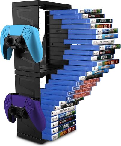 SIKEMAY Game Storage Tower for PS5/PS4/Xbox Series S & X - Universal Video Game Disc Organizer with 24 PCS Holders, 4 Controller Slots & Stand Rack Accessories - Black in Saudi Arabia