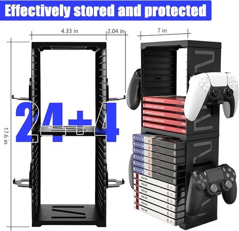 SIKEMAY Game Storage Tower for PS5/PS4/Xbox Series S & X - Universal Video Game Disc Organizer with 24 PCS Holders, 4 Controller Slots & Stand Rack Accessories - Black in Saudi Arabia