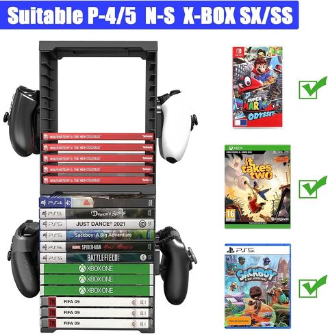 SIKEMAY Game Storage Tower for PS5/PS4/Xbox Series S & X - Universal Video Game Disc Organizer with 24 PCS Holders, 4 Controller Slots & Stand Rack Accessories - Black in Saudi Arabia