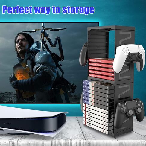 SIKEMAY Game Storage Tower for PS5/PS4/Xbox Series S & X - Universal Video Game Disc Organizer with 24 PCS Holders, 4 Controller Slots & Stand Rack Accessories - Black in Saudi Arabia