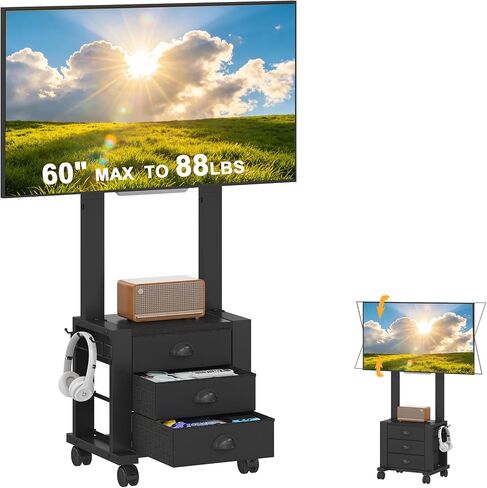 Rolling TV Stand with 3 Drawers for 23-60 Inch TVs with Storage | Hidden Storage, Height Adjustable Tilt Mount, Lockable Wheels, Dual Steel Frame, VESA Compatible for Bedroom & Living Room in Saudi Arabia