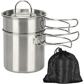 2 Piece 304 Stainless Steel Camping Cups Mugs, 34oz and 25oz | Camping Cooking Pot Cookware Set, Outdoor Metal Camp Cups, With Lid and Cloth Bag in Kuwait