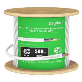 Syston 18/3 + 22/2 Composite Lighting Suspension Cable, 0-10V Dimming, CMP | 18/3 Power + 22/2 Control Cable, Bare Copper, CL3P Plenum Rated, 50 FT, 600V 90°C for LED Lighting Fixtures, RoHS Compliant in Saudi Arabia