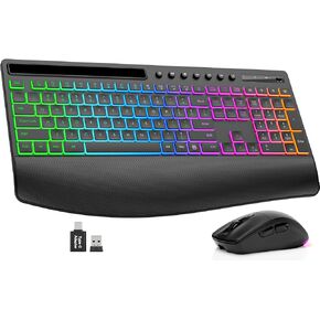 Trueque Wireless Keyboard and Mouse Combo, 4000mAh Battery, Wrist Rest | Rechargeable, 15 Backlit Effects, Full Size, Phone Holder, Quiet Typing, 2.4GHz Wireless, USB-A & C Connectivity for Windows in Saudi Arabia