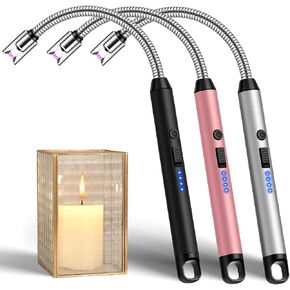 Candle Lighters Long Stem 3 Pcs Electric Lighter Rechargeable Long Matches | Flexible Neck,Windproof Flameless Arc,Safety Lock,Battery Indicator,Long Lighters for Grill,Stove,Candle(Black,Silver,Pink) in Saudi Arabia