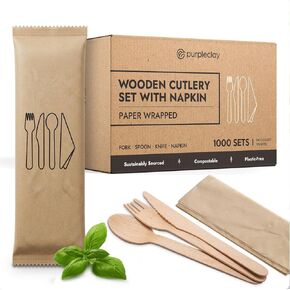 PURPLECLAY Wooden Disposable Utensils Set, 360 PCS Compostable Silverware (120 Forks, 120 Spoons, 120 Knives) Eco Friendly, Plastic-Free Cutlery for Parties & Catering, Alternative to Bamboo Utensils in Saudi Arabia