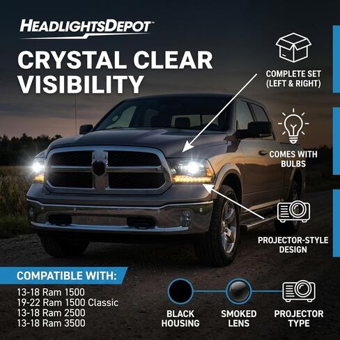 المصابيح الأمامية لجهاز العرض هالوجين أسود من PERDE مع عدسة أداء LED DRL متوافقة مع Ram 1500 2500 3500 2013-2022 تتضمن مصابيح أمامية للسائق الأيسر والراكب الأيمن in Kuwait
