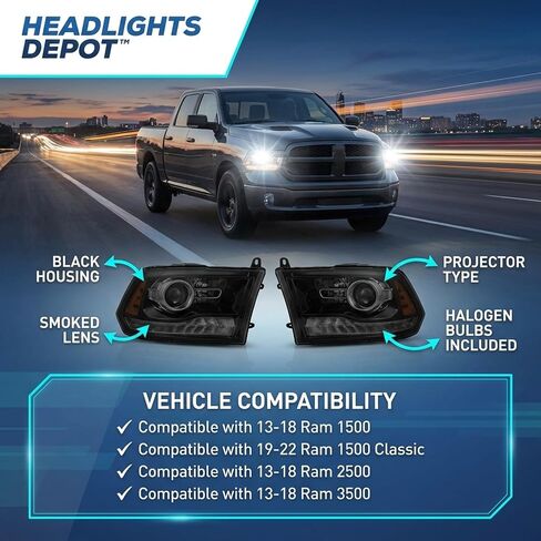 المصابيح الأمامية لجهاز العرض هالوجين أسود من PERDE مع عدسة أداء LED DRL متوافقة مع Ram 1500 2500 3500 2013-2022 تتضمن مصابيح أمامية للسائق الأيسر والراكب الأيمن in Kuwait