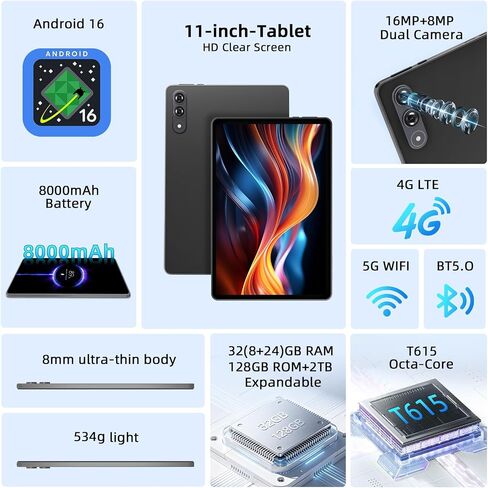 جهاز لوحي Android 16 مع Gemini AI، أجهزة لوحية مقاس 11 بوصة مع معالج ثماني النواة، ذاكرة وصول عشوائي 32 جيجابايت، ذاكرة تخزين داخلية 128 جيجابايت، 2 تيرابايت توسيع، 16 ميجابكسل + 8 ميجابكسل، شاشة IPS HD 1920 × 1200، Widevine L1، بطارية 8000 مللي أمبير في  in Kuwait