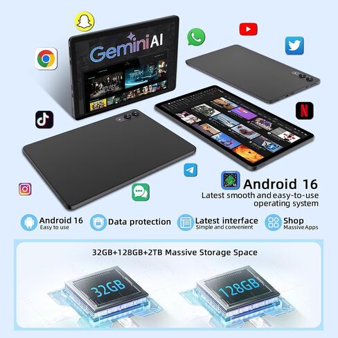 جهاز لوحي Android 16 مع Gemini AI، أجهزة لوحية مقاس 11 بوصة مع معالج ثماني النواة، ذاكرة وصول عشوائي 32 جيجابايت، ذاكرة تخزين داخلية 128 جيجابايت، 2 تيرابايت توسيع، 16 ميجابكسل + 8 ميجابكسل، شاشة IPS HD 1920 × 1200، Widevine L1، بطارية 8000 مللي أمبير في  in Kuwait