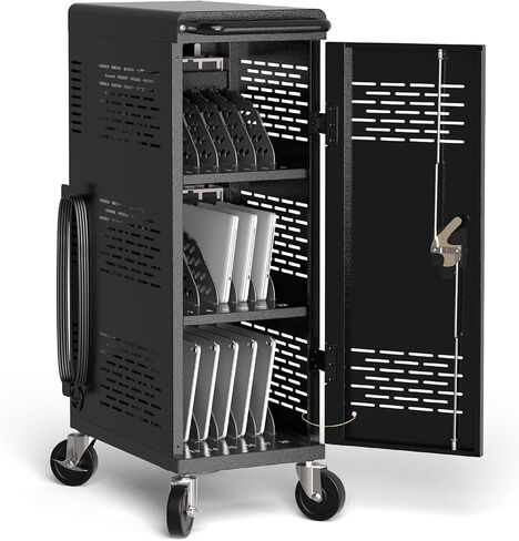 POCHAR Fully Assembled 18-Device Charging Cart for Chromebook up to 14'' | Locking Laptop Cabinet with Cable Management, Cord Organization, Power Strip - Locks and Stores Tablets (Black) in Saudi Arabia