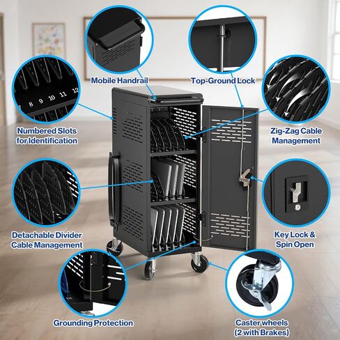 POCHAR Fully Assembled 18-Device Charging Cart for Chromebook up to 14'' | Locking Laptop Cabinet with Cable Management, Cord Organization, Power Strip - Locks and Stores Tablets (Black) in Saudi Arabia
