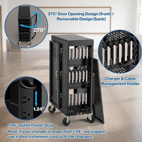 POCHAR Fully Assembled 18-Device Charging Cart for Chromebook up to 14'' | Locking Laptop Cabinet with Cable Management, Cord Organization, Power Strip - Locks and Stores Tablets (Black) in Saudi Arabia