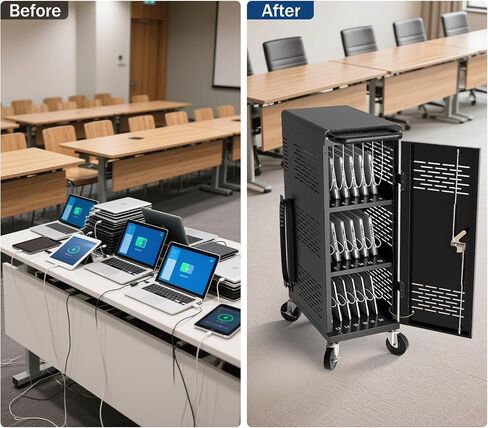 POCHAR Fully Assembled 18-Device Charging Cart for Chromebook up to 14'' | Locking Laptop Cabinet with Cable Management, Cord Organization, Power Strip - Locks and Stores Tablets (Black) in Saudi Arabia