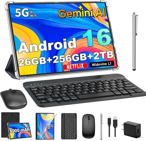 تابلت Gemini AI Android 16 مع لوحة مفاتيح، 2026 تابلت 10 بوصة (أسود) | 26 جيجابايت + 256 جيجابايت + 2 تيرابايت، كمبيوتر لوحي إلكتروني مزود بـ 8 النواة، 5G WiFi، 8000 مللي أمبير، نظام تحديد المواقع العالمي (GPS)، نظام تحديد المواقع العالمي (GMS)، جهاز لوحي in Kuwait