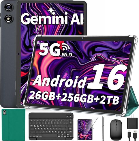 Android Tablet 10 inch, 2026 Android 16 Tablet with Keyboard, 26GB+256GB (2TB Expand), Gemini AI Tablet with 8-Core, 8000mAh, 5G WiFi, Widevine L1, 2 in 1 Tablets PC with Case/Mouse/Stylus-Green Case in Saudi Arabia