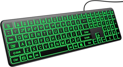 Hamile Large Print Light Up Keyboard, USB Silent Wired Keyboard | 7-Color Backlit, Foldable Stands, Quiet Corded Full Size for Computer PC, Laptop, Desktop, Windows in Saudi Arabia