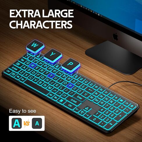 Hamile Large Print Light Up Keyboard, USB Silent Wired Keyboard | 7-Color Backlit, Foldable Stands, Quiet Corded Full Size for Computer PC, Laptop, Desktop, Windows in Saudi Arabia