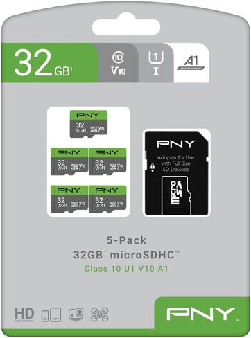 PNY 32GB Class 10 U1 V10 A1 microSDHC™ Flash Memory Card – Quick Read Speeds, UHS-I, Continuous Full HD Photo, HD Video, Fast Everyday Performance, for Tablets, Drones, Cameras, 5-Pack in Saudi Arabia