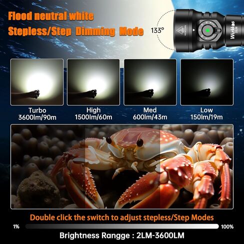Wurkkos DL08 Scuba Diving Underwater Video Light with Infinite Dimming | Rechargeable,Red+UV Dual Light,IPX8 Underwater ,274M Long Beam, CRI90 , 5000mAh Battery,Night Diving in Kuwait