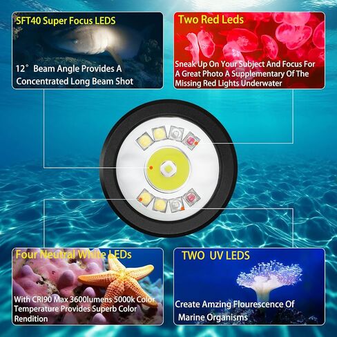Wurkkos DL08 Scuba Diving Underwater Video Light with Infinite Dimming | Rechargeable,Red+UV Dual Light,IPX8 Underwater ,274M Long Beam, CRI90 , 5000mAh Battery,Night Diving in Kuwait