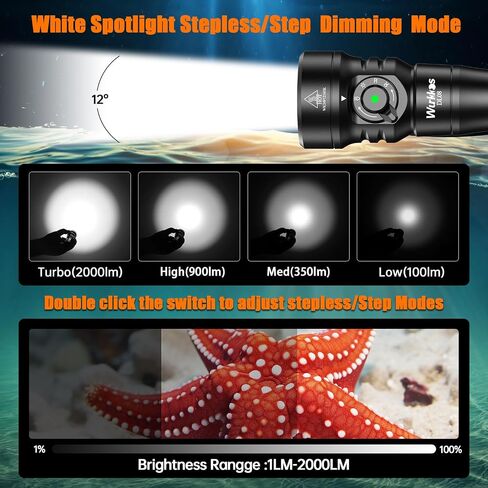 Wurkkos DL08 Scuba Diving Underwater Video Light with Infinite Dimming | Rechargeable,Red+UV Dual Light,IPX8 Underwater ,274M Long Beam, CRI90 , 5000mAh Battery,Night Diving in Kuwait