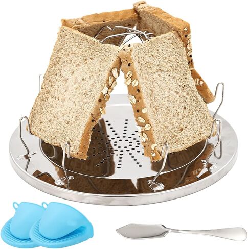 Camping Toaster 4-Slice with Oven Mitts & Butter Knife - Folding Stainless Steel Camp Stove Toaster for Gas Stove Top, Compact for Picnic, Hiking, Backyard in Kuwait