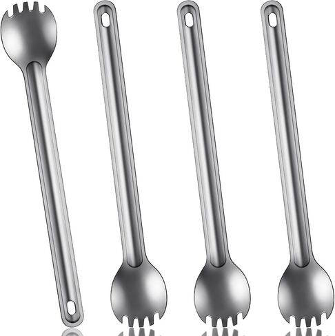 4 Pcs Titanium Long Spork Handle Backpacking Spoon, Silver | 8.7 Inch Ultralight Camping Spork, Hiking Travel Flatware, Lightweight Soup Spoon, Portable Outdoor Tableware for Trekking in Kuwait