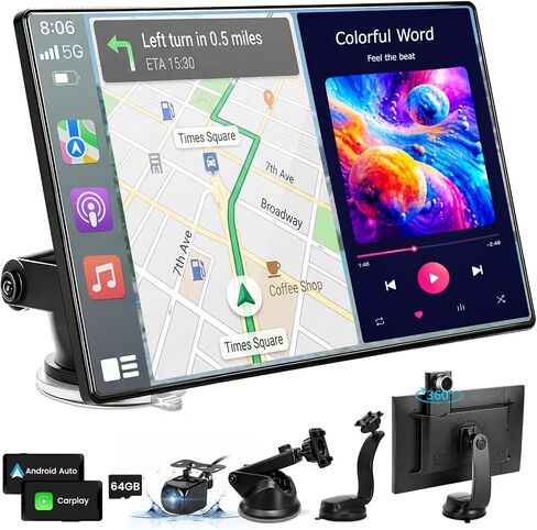 11" Wireless Apple CarPlay Screen for Car, Portable Carplay Screen for Car | Apple CarPlay & Android Auto, 360° 4K Front+1080P Rear Camera, Mirror Link, Voice Control, Built-in 64GB SD Card in Saudi Arabia