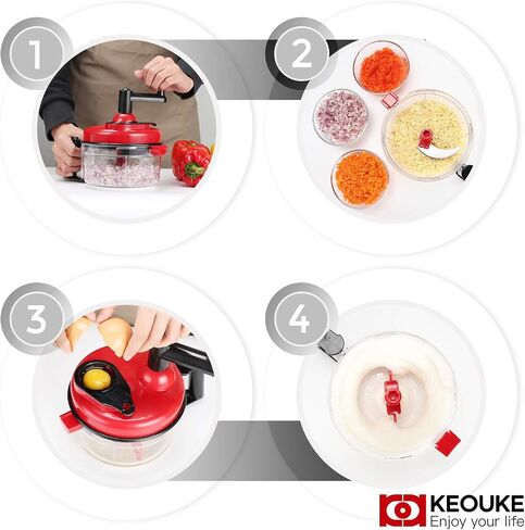 KEOUKE Hand Crank Food Chopper Red - Manual Food Processor with Egg Separator, Labor-Saving, Easy to Clean, Large Vegetable Mixer Blender for Onion, Garlic, Salad, Salsa, Nuts, Meat, Fruit, etc in Saudi Arabia