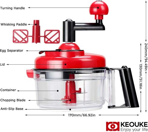 KEOUKE Hand Crank Food Chopper Red - Manual Food Processor with Egg Separator, Labor-Saving, Easy to Clean, Large Vegetable Mixer Blender for Onion, Garlic, Salad, Salsa, Nuts, Meat, Fruit, etc in Saudi Arabia