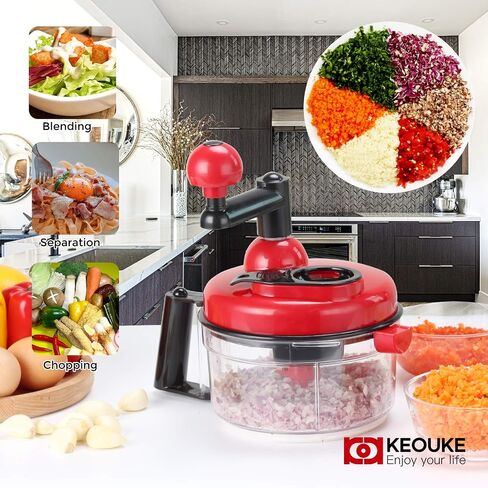 KEOUKE Hand Crank Food Chopper Red - Manual Food Processor with Egg Separator, Labor-Saving, Easy to Clean, Large Vegetable Mixer Blender for Onion, Garlic, Salad, Salsa, Nuts, Meat, Fruit, etc in Saudi Arabia