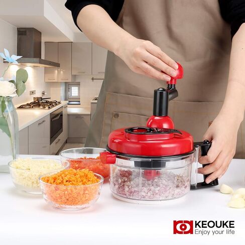 KEOUKE Hand Crank Food Chopper Red - Manual Food Processor with Egg Separator, Labor-Saving, Easy to Clean, Large Vegetable Mixer Blender for Onion, Garlic, Salad, Salsa, Nuts, Meat, Fruit, etc in Saudi Arabia