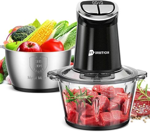 IRIITCH Food Processor with LED Timer, 800W Electric Chopper | 2 Bowls (12-cups Glass Bowl+12 cups Stainless Steel Bowl), 2 Set 6 Bi-Level S-Blades in Saudi Arabia