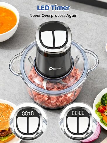 IRIITCH Food Processor with LED Timer, 800W Electric Chopper | 2 Bowls (12-cups Glass Bowl+12 cups Stainless Steel Bowl), 2 Set 6 Bi-Level S-Blades in Saudi Arabia